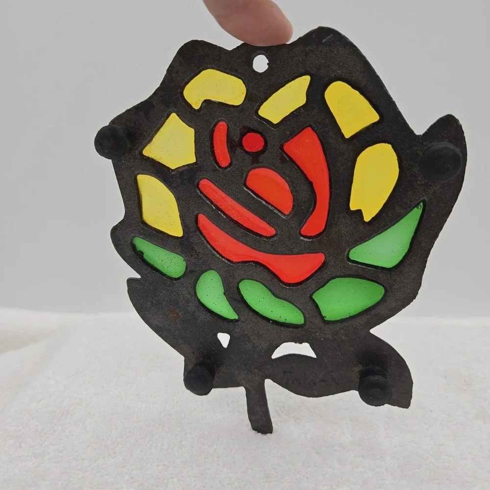 Vintage ROSE TRIVET Metal Stained Glass Look Wall Hanger Decor w/Feet Red Yellow